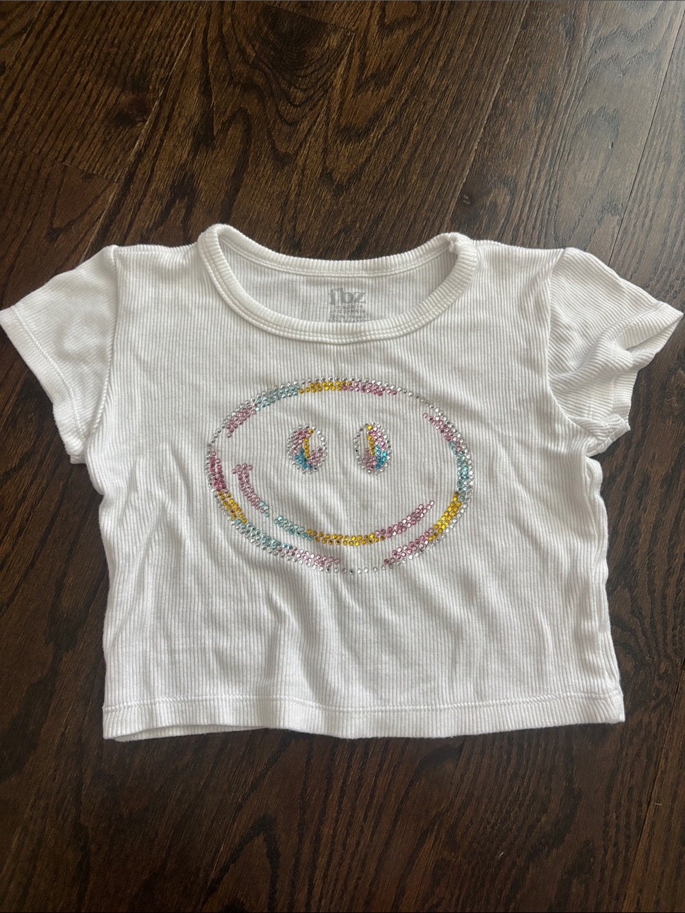 White Sequin Smiley Ribbed Crop Tee - Kids